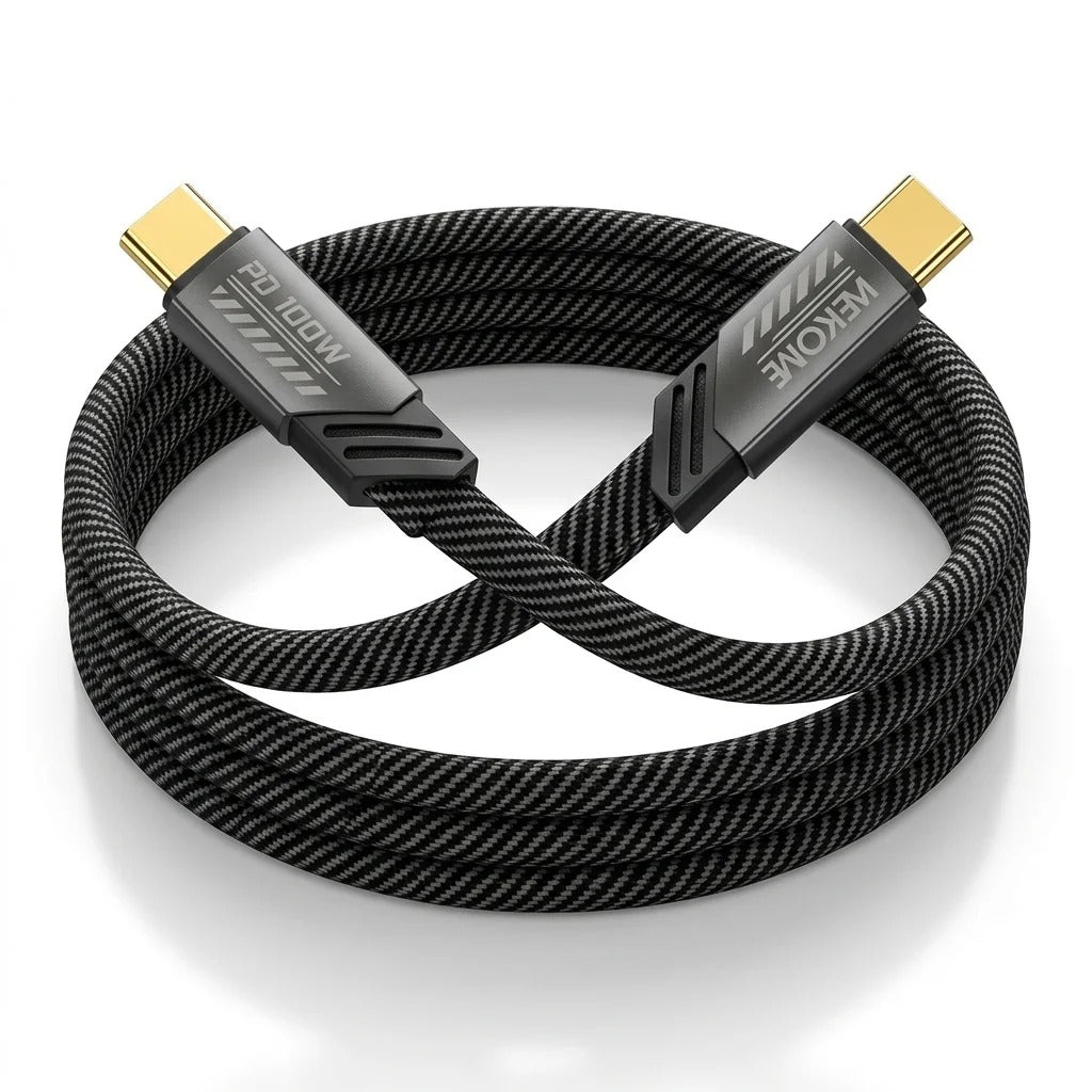 A black braided HDMI cable with gold-plated USB-C connectors on both ends, featuring a gray protective sleeve with the brand name 'MEIKONE' and 'PD 100W' printed on it, set against a plain white background.