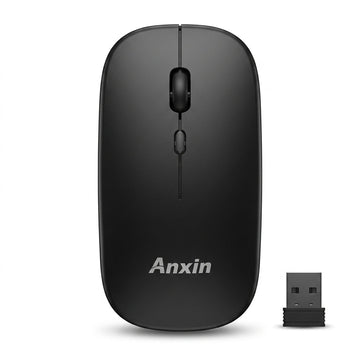 A black wireless computer mouse with the Anxin logo printed in silver on the front, shown alongside its small black USB receiver on a clean white background.