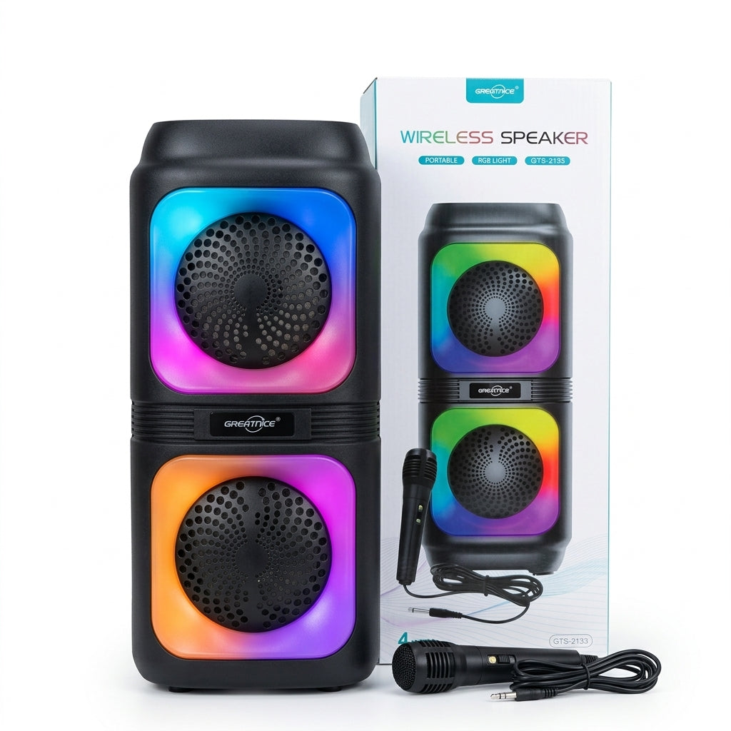 GTS-2132 Portable Wireless Bluetooth Karaoke Speaker with Wired Microphone | RGB LED Party Box | FM Radio | USB | TF Card | TWS | Rechargeable Bass Speaker