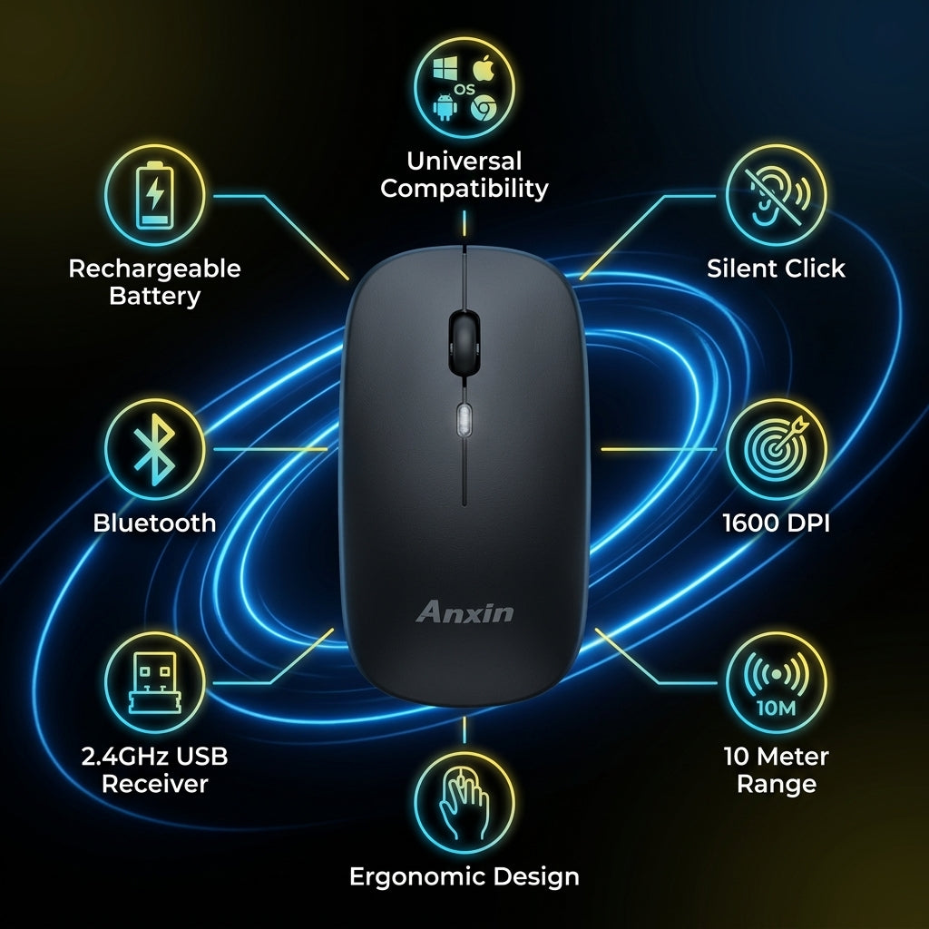 A black wireless computer mouse with the Anxin logo printed in silver on the front, shown alongside its small black USB receiver on a clean white background.