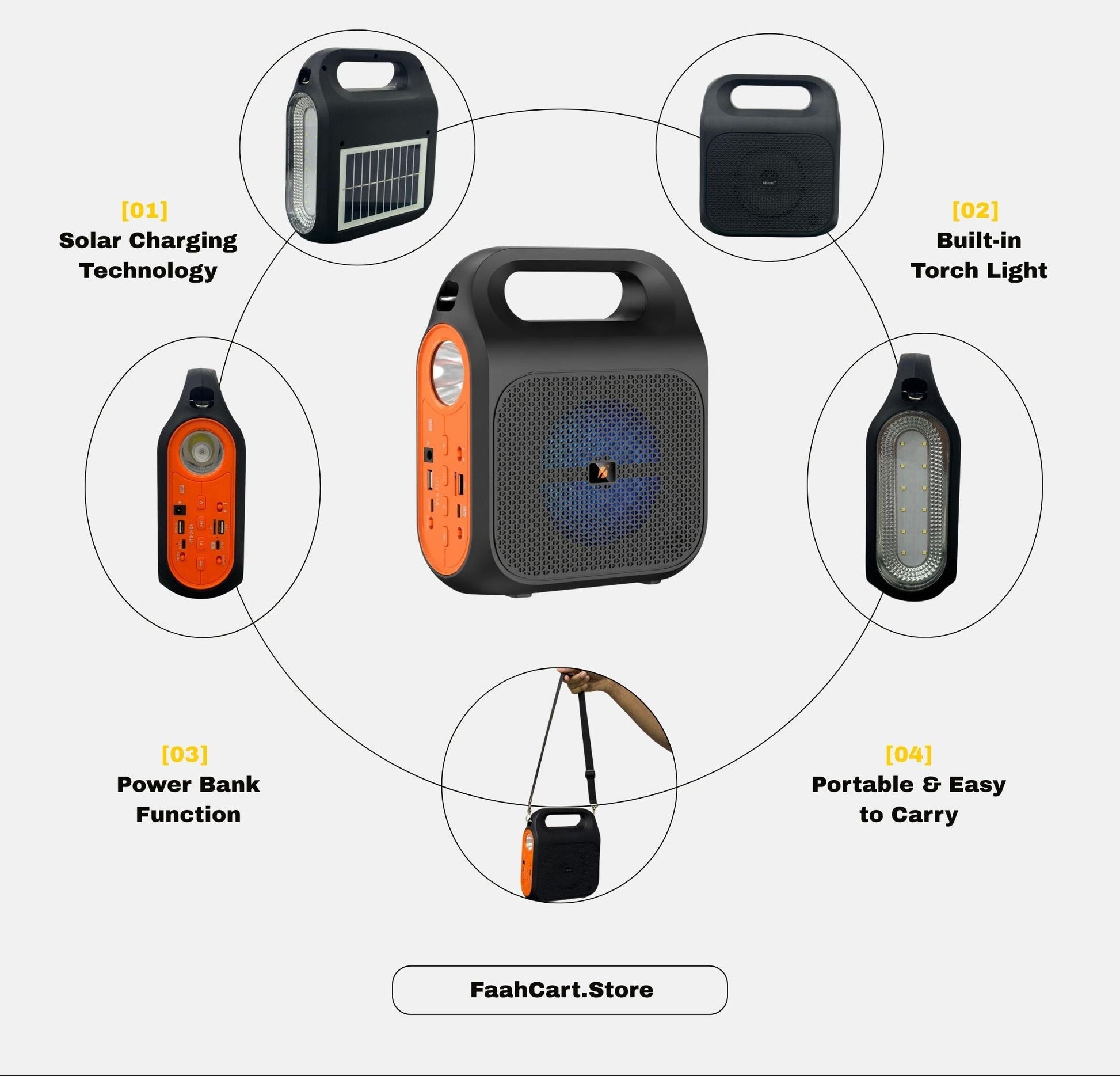 Power bank solar Bluetooth speaker with features on a white background