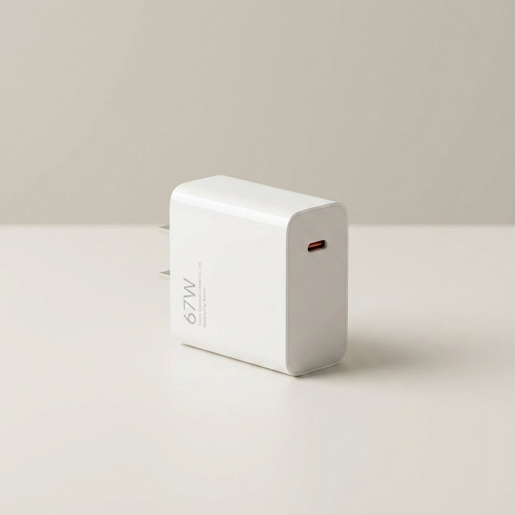 A white 67W USB-C wall charger with a minimalist design, standing upright on a light beige surface against a neutral beige background.