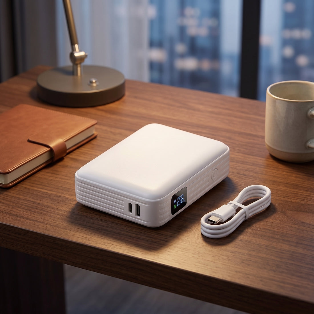A white rectangular portable power bank with a small digital display and vertical ribbed side detail, standing on a gray concrete surface against a light gray background.