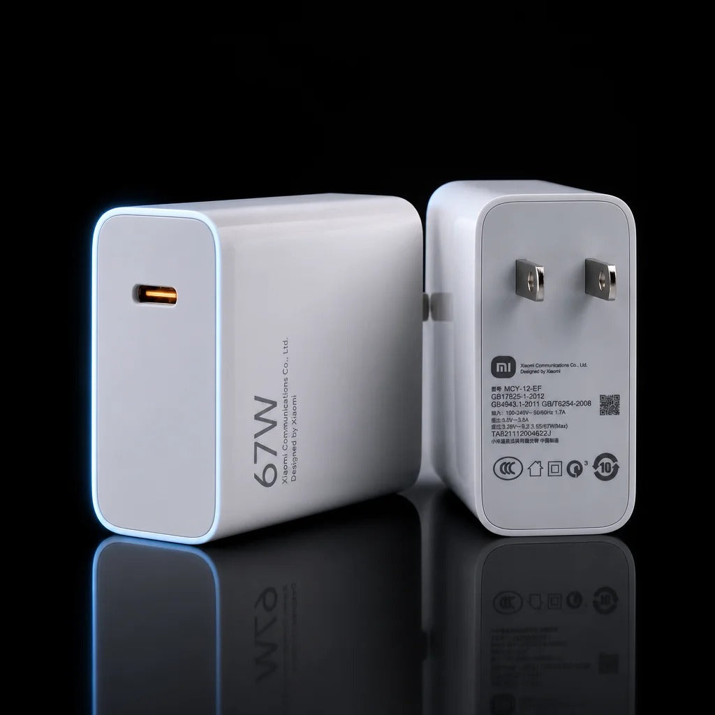A white 67W USB-C wall charger with a minimalist design, standing upright on a light beige surface against a neutral beige background.
